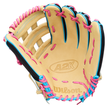 A Wilson A2K 1777 12.75″ Baseball Glove (WBG0010301) by Wilson, shown open against a white background, features a tan color with pink and blue lacing and Double Palm Construction.