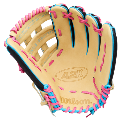 A Wilson A2K 1777 12.75″ Baseball Glove (WBG0010301) by Wilson, shown open against a white background, features a tan color with pink and blue lacing and Double Palm Construction.