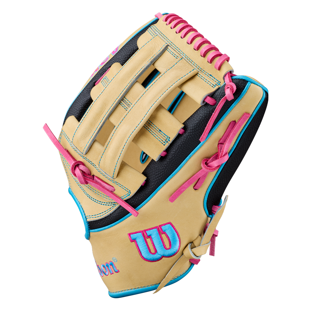 The Wilson A2K 1777 12.75″ Baseball Glove (WBG0010301) is pictured on a white background, featuring a tan and black design with pink laces, blue accents, a pink-outlined W logo, and a webbed pocket. This glove offers enhanced durability with Double Palm Construction.