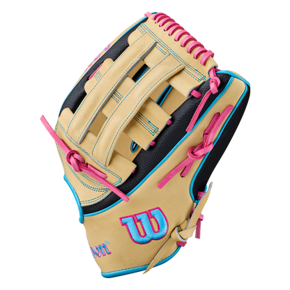 The Wilson A2K 1777 12.75″ Baseball Glove (WBG0010301) is pictured on a white background, featuring a tan and black design with pink laces, blue accents, a pink-outlined W logo, and a webbed pocket. This glove offers enhanced durability with Double Palm Construction.