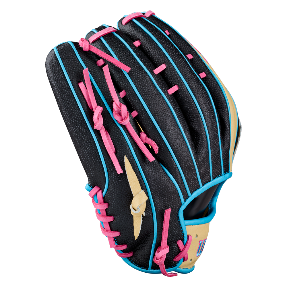 The Wilson A2K 1777 12.75″ Baseball Glove (WBG0010301) by Wilson is a black outfield glove with blue trim, pink laces, and tan accents, featuring Double Palm Construction and photographed against a white background.