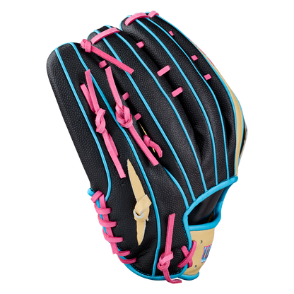 The Wilson A2K 1777 12.75″ Baseball Glove (WBG0010301) by Wilson is a black outfield glove with blue trim, pink laces, and tan accents, featuring Double Palm Construction and photographed against a white background.