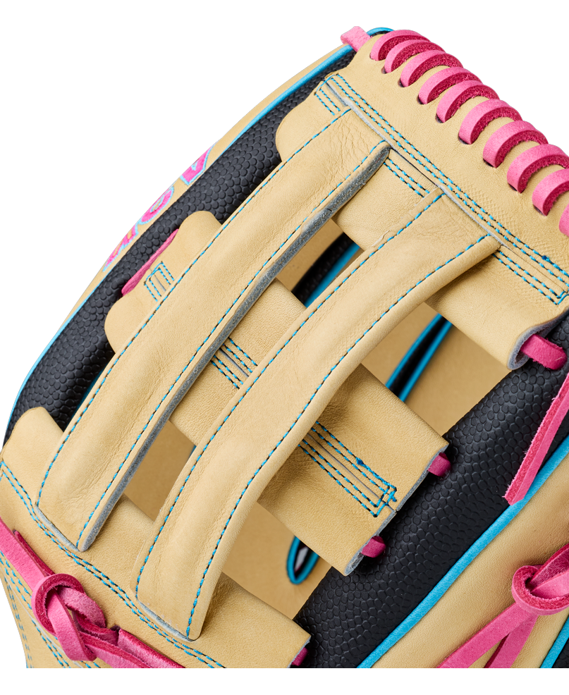 Close-up of the Wilson A2K 1777 12.75″ Baseball Glove (WBG0010301) in tan, black, and pink with blue stitching, highlighting the webbing and vibrant laces. This Wilson glove features Double Palm Construction for enhanced durability and top-tier performance.