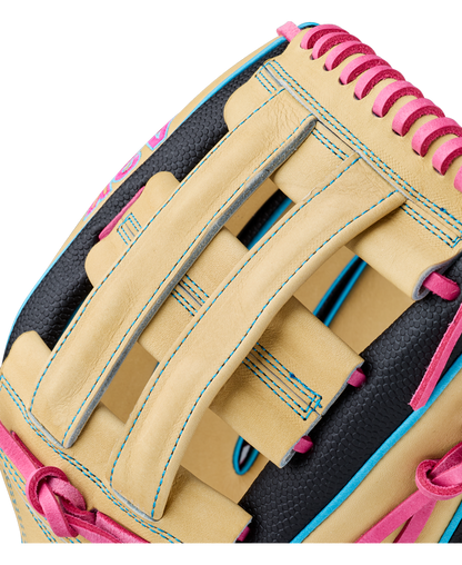 Close-up of the Wilson A2K 1777 12.75″ Baseball Glove (WBG0010301) in tan, black, and pink with blue stitching, highlighting the webbing and vibrant laces. This Wilson glove features Double Palm Construction for enhanced durability and top-tier performance.