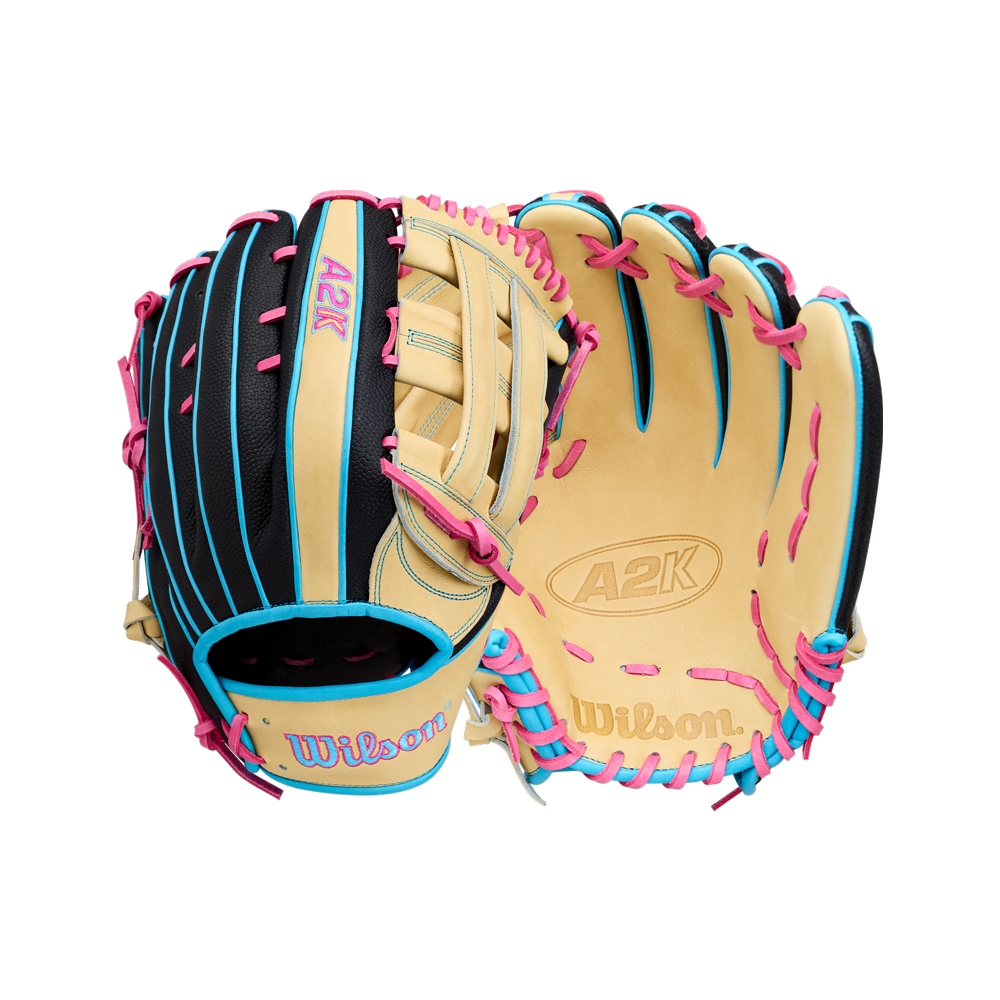 Two tan Wilson A2K 1777 12.75″ baseball gloves by Wilson (model WBG0010301) are pictured, each showcasing the palm and back sides with striking black, blue, and pink accents along with colorful stitching and prominent branding. Designed for outfielders, this glove features Double Palm Construction for improved shape retention and lasting durability.