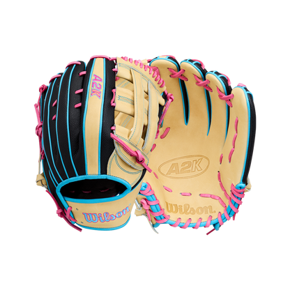 Two tan Wilson A2K 1777 12.75″ baseball gloves by Wilson (model WBG0010301) are pictured, each showcasing the palm and back sides with striking black, blue, and pink accents along with colorful stitching and prominent branding. Designed for outfielders, this glove features Double Palm Construction for improved shape retention and lasting durability.