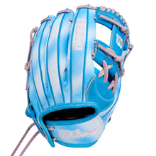A Wilson A2000 H12SS 12″ Fastpitch Glove (WBG0010401RT12) by Wilson, featuring a light blue and white design with pink laces, is displayed against a plain white background.