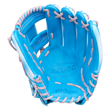 Blue and pink Wilson A2000 H12SS 12″ Fastpitch Glove (WBG0010401RT12) by Wilson, open and facing upward to showcase detailed palm stitching and branding—an ideal 12-inch softball glove designed for infield play.