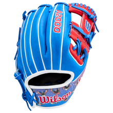 The Wilson A2000 1786SS 11.5" Baseball Glove (GOTM July 2026) features Pro Stock leather in blue, red, and white with decorative lower palm patterns and bold red lacing.