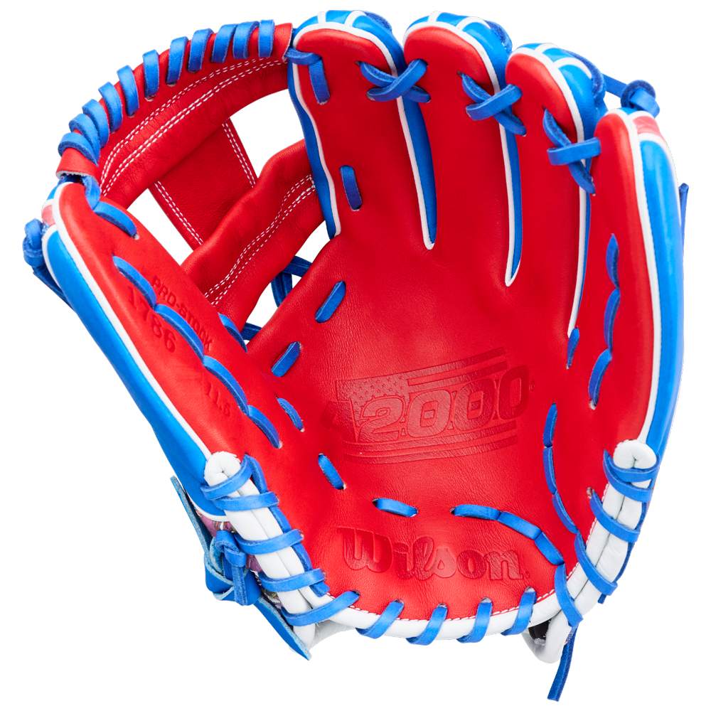 The Wilson A2000 1786SS 11.5" Baseball Glove - GOTM July 2026 features Pro Stock leather, red, white, and blue colors, plus "2000" and an American flag embossed on the palm.