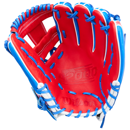 The Wilson A2000 1786SS 11.5" Baseball Glove - GOTM July 2026 features Pro Stock leather, red, white, and blue colors, plus "2000" and an American flag embossed on the palm.