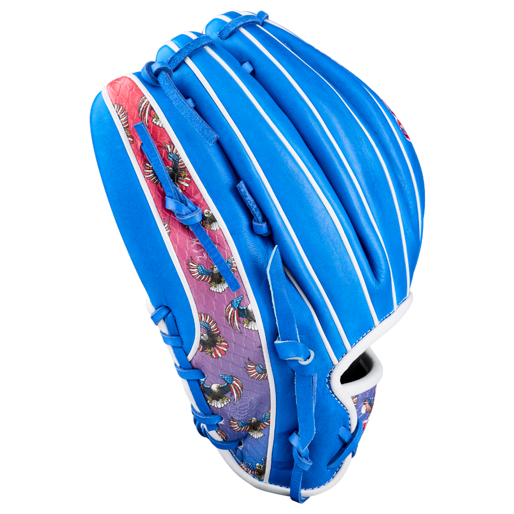 The Wilson A2000 1786SS 11.5" Baseball Glove (GOTM July 2026) features vibrant bird-themed side panel designs, a blue colorway with white accents, and Pro Stock leather for premium performance.