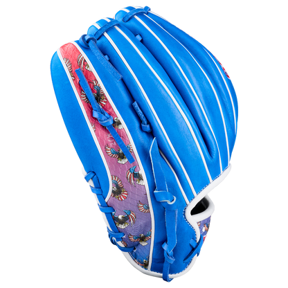 The Wilson A2000 1786SS 11.5" Baseball Glove (GOTM July 2026) features vibrant bird-themed side panel designs, a blue colorway with white accents, and Pro Stock leather for premium performance.