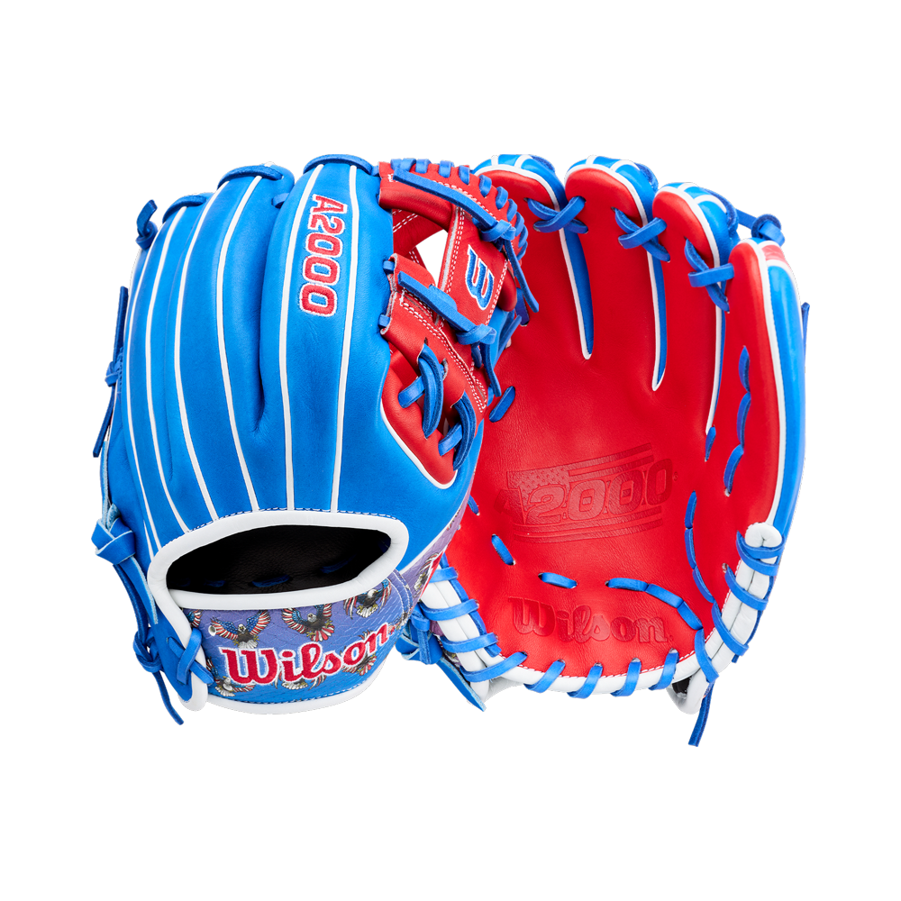 The Wilson A2000 1786SS 11.5" Baseball Glove (GOTM July 2026) by Wilson is shown front and back on a white background, featuring red palms, blue outer sections, white laces, and crafted with Pro Stock leather.