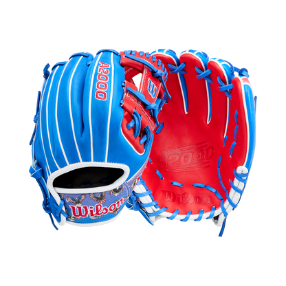 The Wilson A2000 1786SS 11.5" Baseball Glove (GOTM July 2026) by Wilson is shown front and back on a white background, featuring red palms, blue outer sections, white laces, and crafted with Pro Stock leather.
