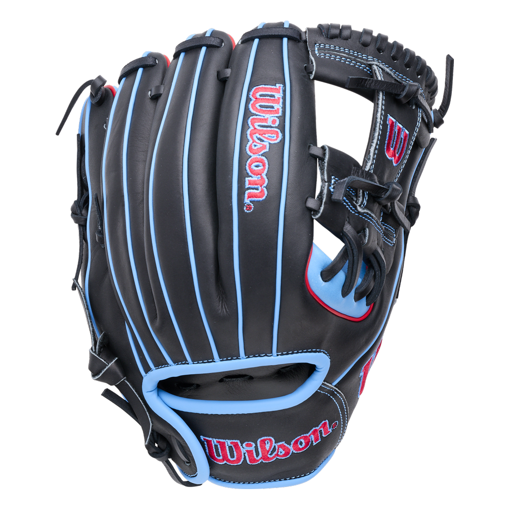 Wilson A1000 DP15 11.5″ Baseball Glove in black with bright blue piping and red accents, featuring a Pedroia Fit for smaller hands.