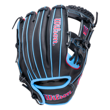 Wilson A1000 DP15 11.5″ Baseball Glove in black with bright blue piping and red accents, featuring a Pedroia Fit for smaller hands.