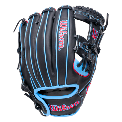 Wilson A1000 DP15 11.5″ Baseball Glove in black with bright blue piping and red accents, featuring a Pedroia Fit for smaller hands.