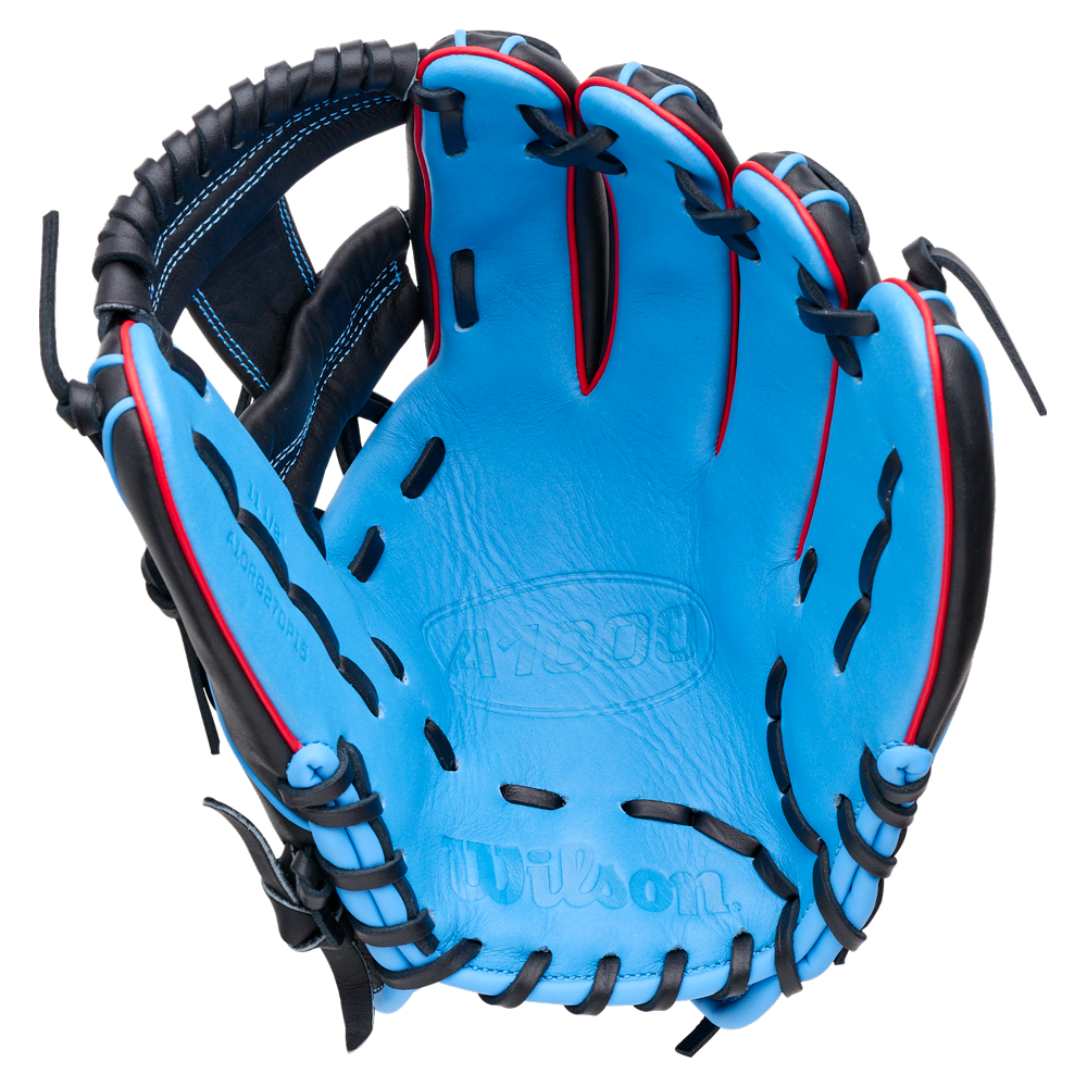 Wilson A1000 DP15 11.5″ Baseball Glove with a bright blue palm and pocket, black leather back and lacing, and red accents featuring a Pedroia Fit for smaller hands.