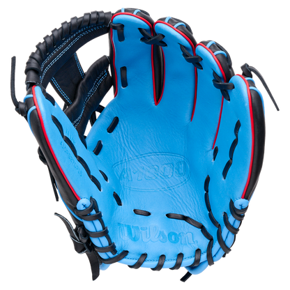 Wilson A1000 DP15 11.5″ Baseball Glove with a bright blue palm and pocket, black leather back and lacing, and red accents featuring a Pedroia Fit for smaller hands.