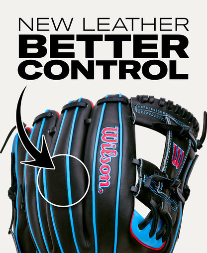 Wilson A1000 DP15 11.5″ Baseball Glove: WBG02402RTDP15 in black with blue piping, red and blue embroidery, and a Pedroia Fit design, featuring an arrow pointing to the text NEW LEATHER BETTER CONTROL on the glove’s surface.