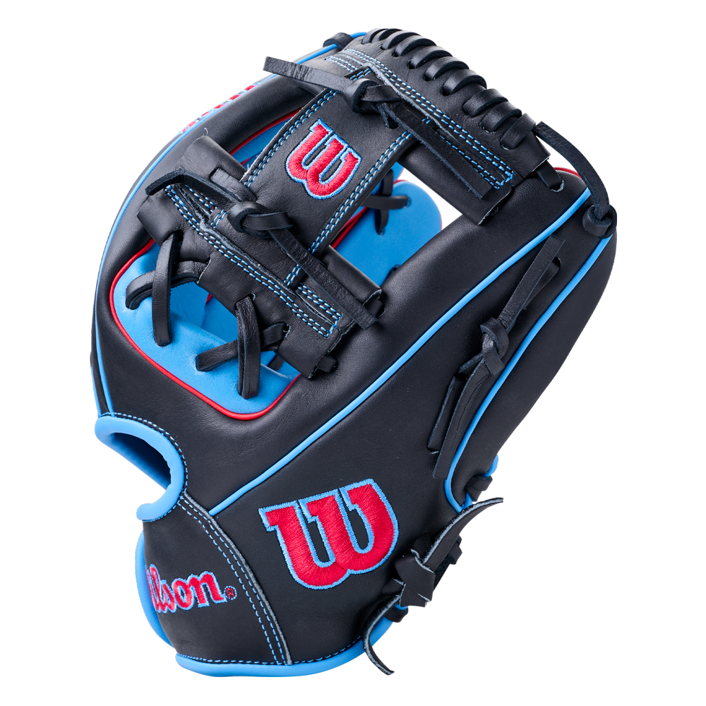 Wilson A1000 DP15 11.5″ Baseball Glove in black with blue piping, bright red accents, blue leather lacing, and a Pedroia Fit for smaller hands.