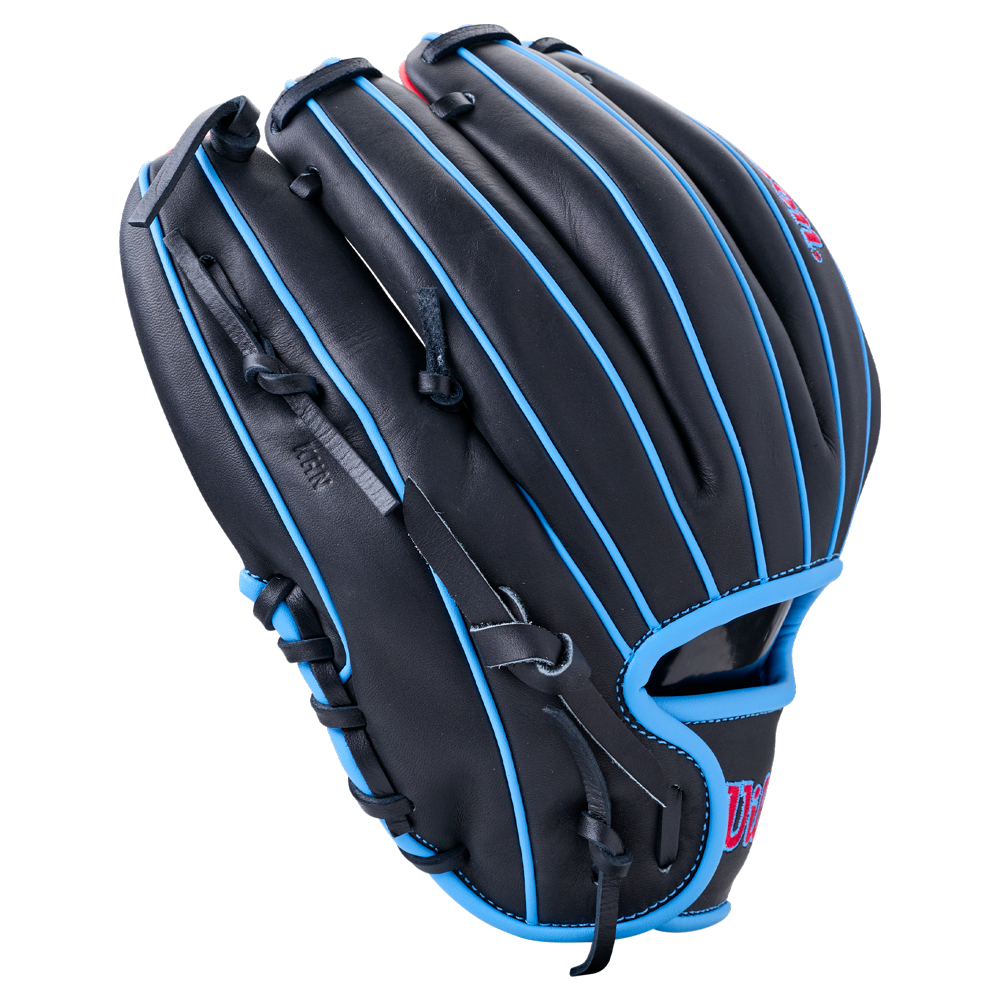 Wilson A1000 DP15 11.5″ Baseball Glove: WBG02402RTDP15 in black with bright blue piping and lacing, designed for a Pedroia Fit.