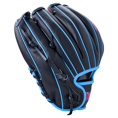 Wilson A1000 DP15 11.5″ Baseball Glove: WBG02402RTDP15 in black with bright blue piping and lacing, designed for a Pedroia Fit.