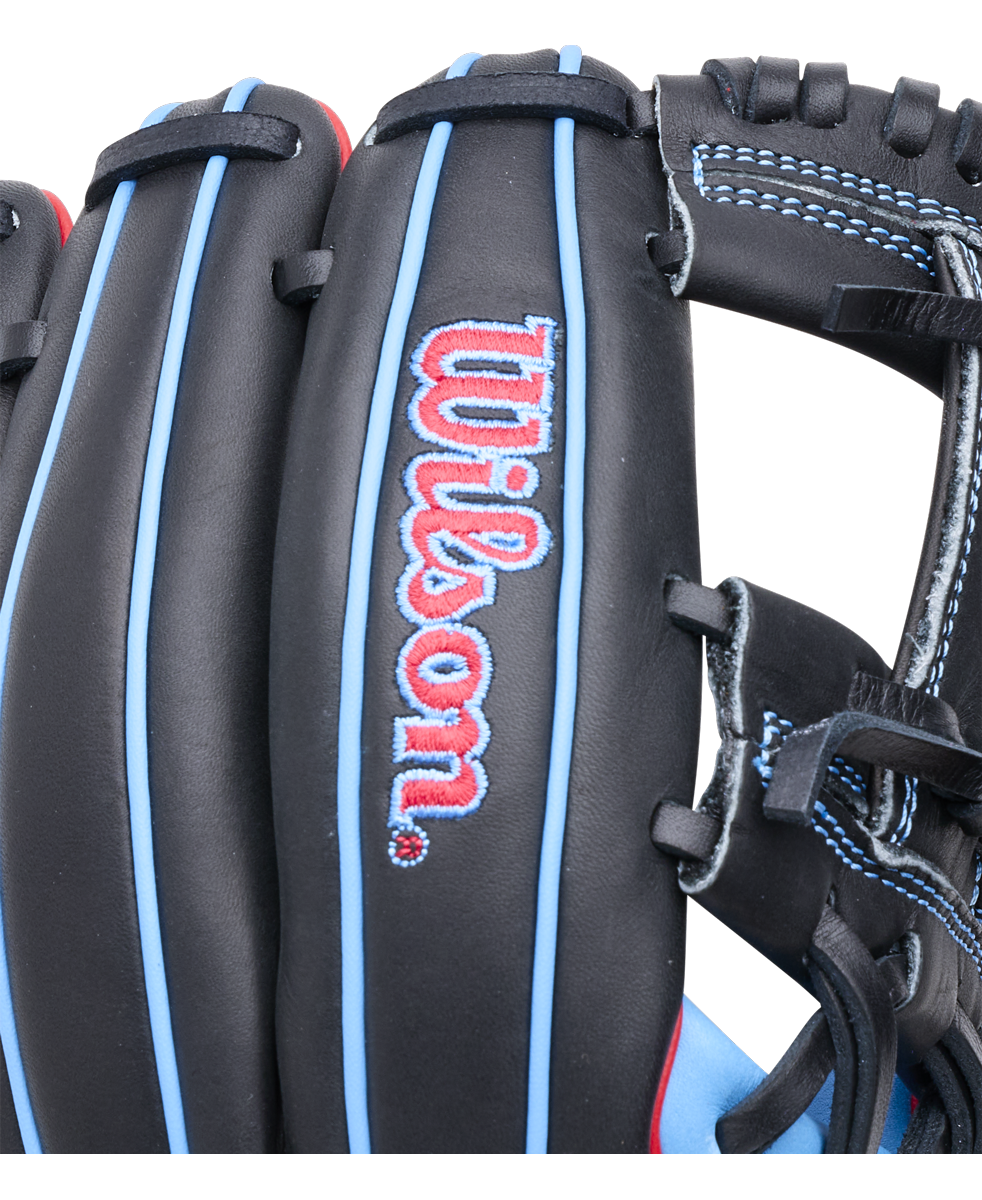 Wilson A1000 DP15 11.5″ Baseball Glove in black with blue piping, blue stitching, and red and blue logo embroidery on the finger, designed with a Pedroia Fit for smaller hands.