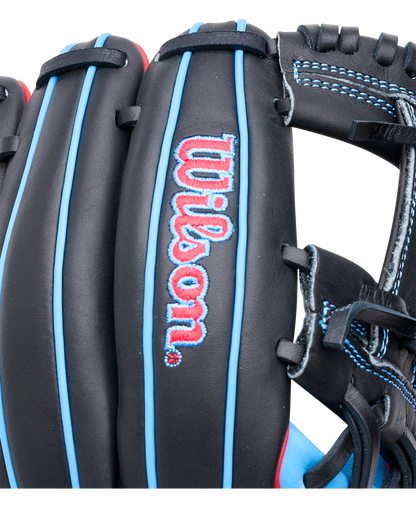 Wilson A1000 DP15 11.5″ Baseball Glove in black with blue piping, blue stitching, and red and blue logo embroidery on the finger, designed with a Pedroia Fit for smaller hands.