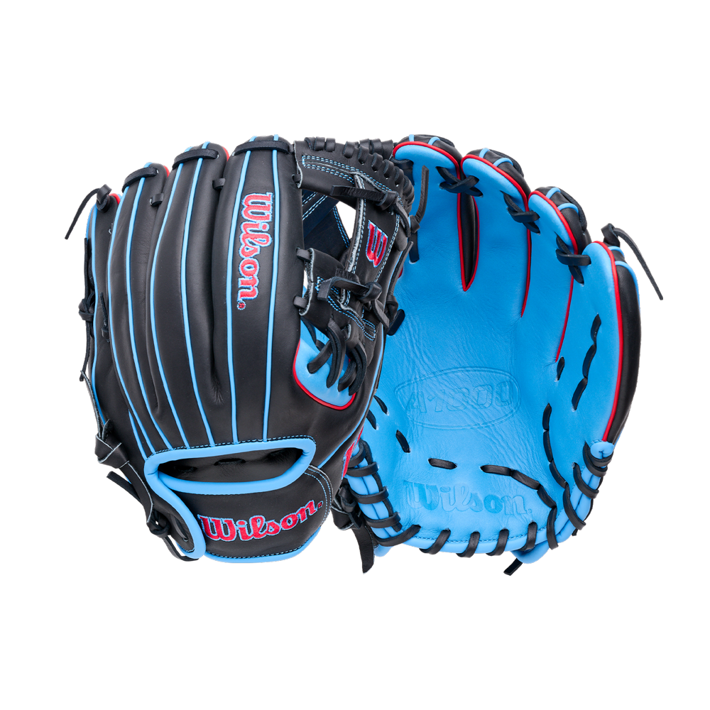 Two Wilson A1000 DP15 11.5″ Baseball Glove: WBG02402RTDP15 infield gloves, one showing the black and blue back and one showing the blue palm side, both featuring a Pedroia Fit.