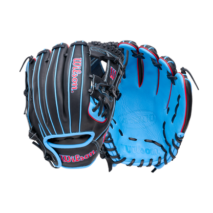 Two Wilson A1000 DP15 11.5″ Baseball Glove: WBG02402RTDP15 infield gloves, one showing the black and blue back and one showing the blue palm side, both featuring a Pedroia Fit.
