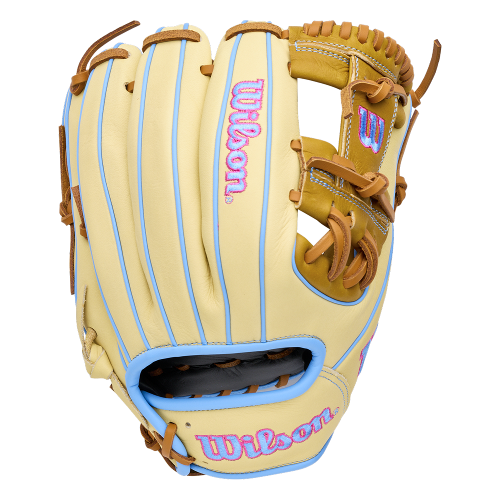 Wilson A1000 1786 11.5″ Baseball Glove in tan and brown with light blue piping and pink logo embroidery.