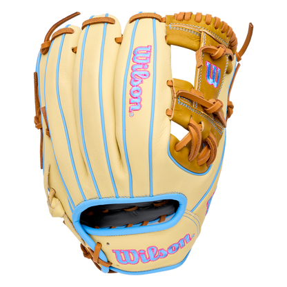 Wilson A1000 1786 11.5″ Baseball Glove in tan and brown with light blue piping and pink logo embroidery.