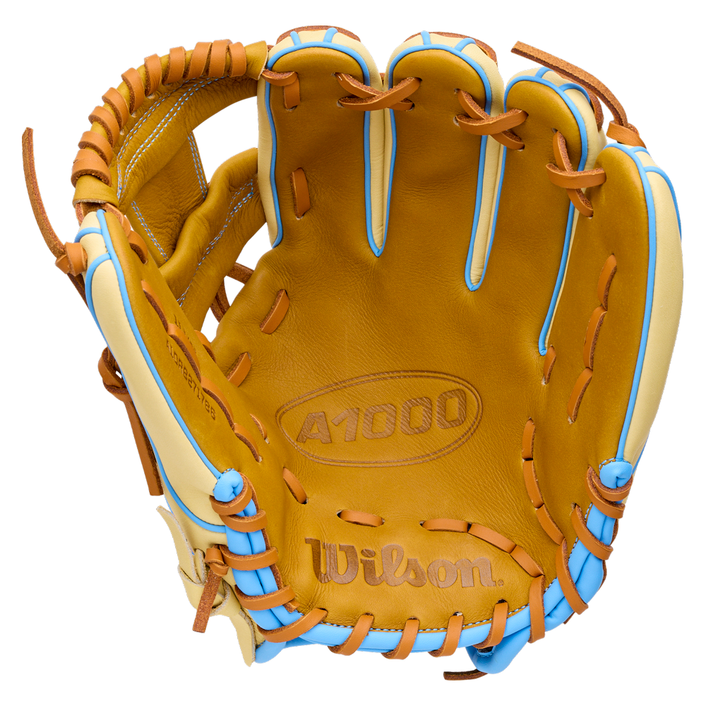 Wilson A1000 1786 11.5″ baseball glove in tan with light blue accents and brown leather laces.