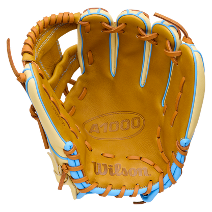 Wilson A1000 1786 11.5″ baseball glove in tan with light blue accents and brown leather laces.