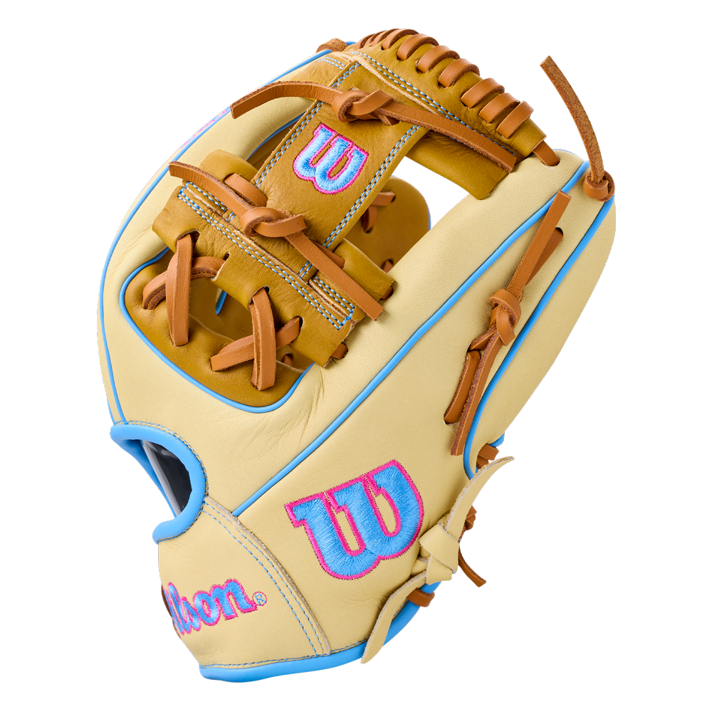 Tan 11.5″ Wilson A1000 1786 11.5″ Baseball Glove: WBG02501RT1786 with light blue piping, brown lacing, and bright blue and pink logos.