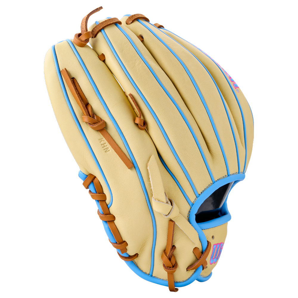 Wilson A1000 1786 11.5″ Baseball Glove in tan with light blue welting, brown rawhide laces, and pink branding.