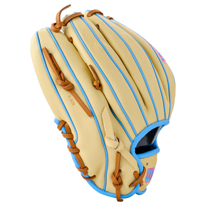 Wilson A1000 1786 11.5″ Baseball Glove in tan with light blue welting, brown rawhide laces, and pink branding.