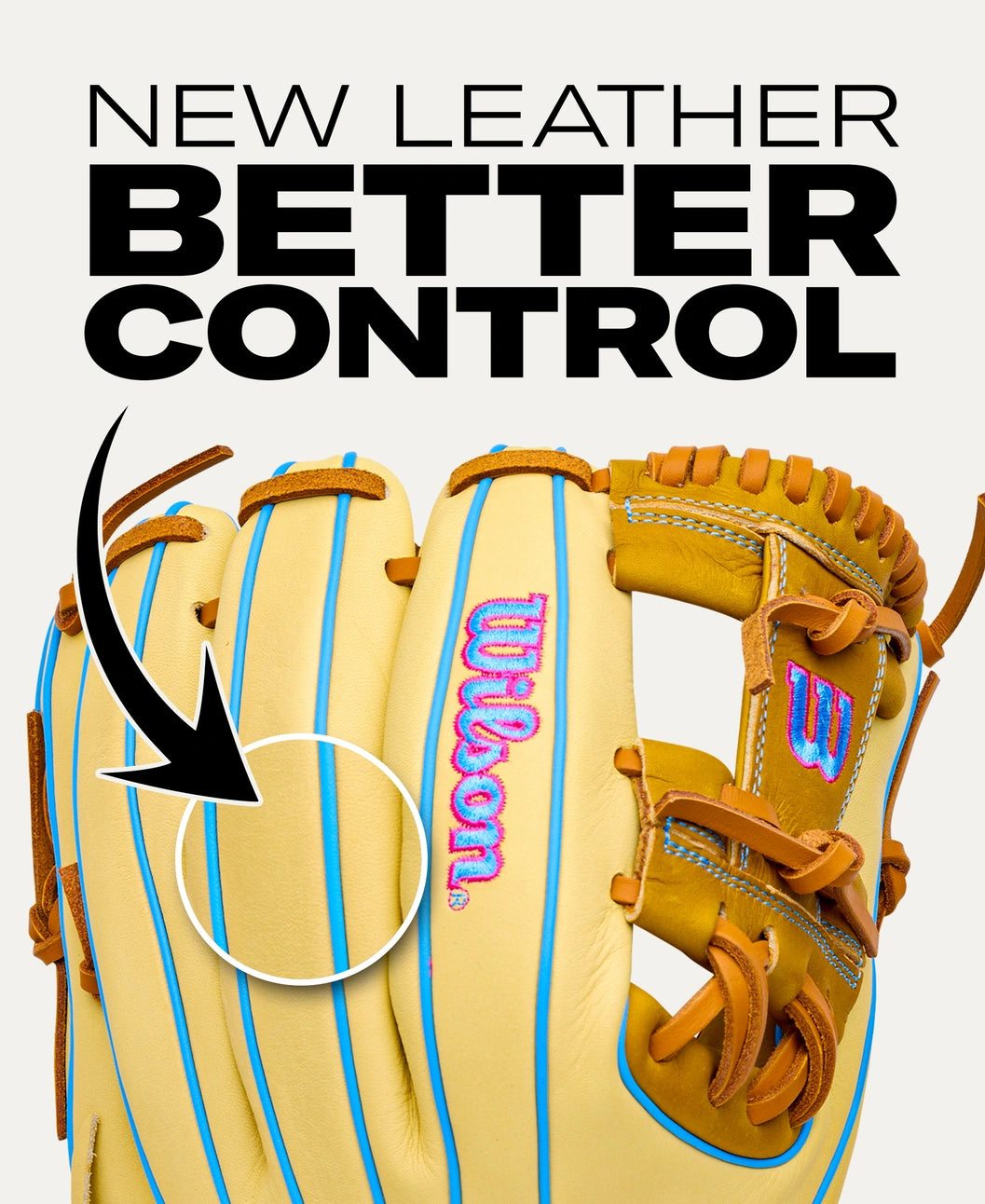 The Wilson A1000 1786 11.5″ Baseball Glove: WBG02501RT1786 features tan leather, bright blue piping, and a pink and blue embroidered logo, shown under the text NEW LEATHER BETTER CONTROL with an arrow pointing to the leather.