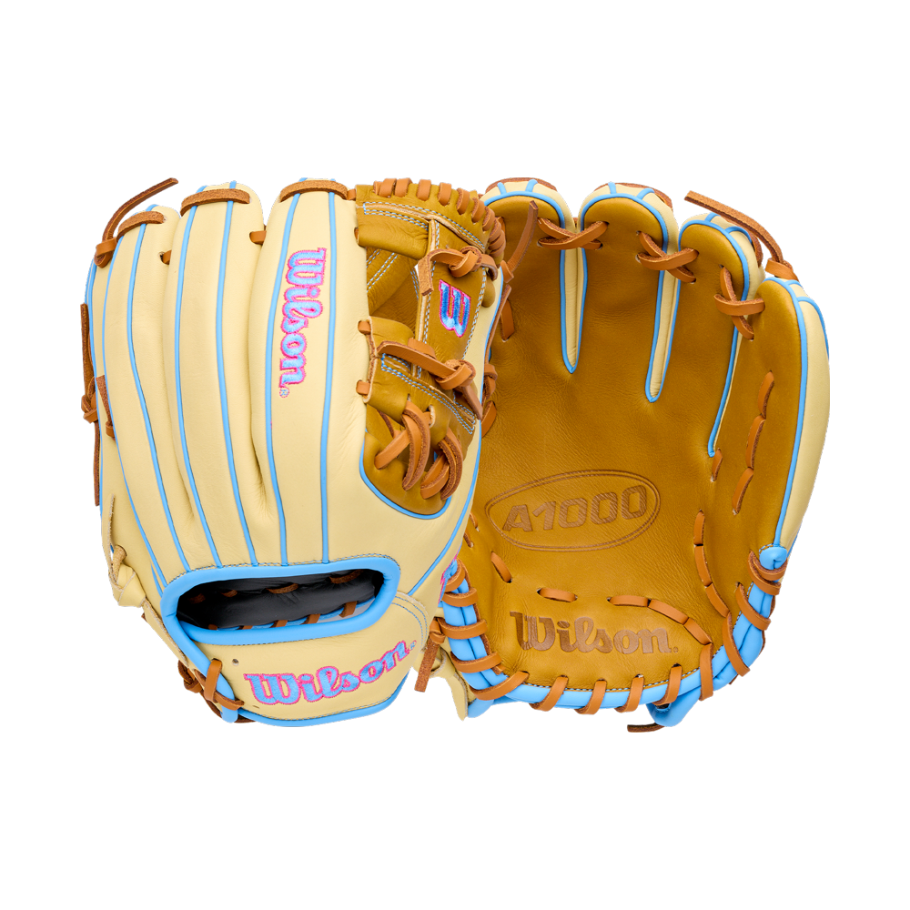 Front and back views of a tan and light blue Wilson A1000 1786 11.5″ Baseball Glove: WBG02501RT1786.
