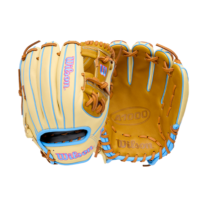 Front and back views of a tan and light blue Wilson A1000 1786 11.5″ Baseball Glove: WBG02501RT1786.