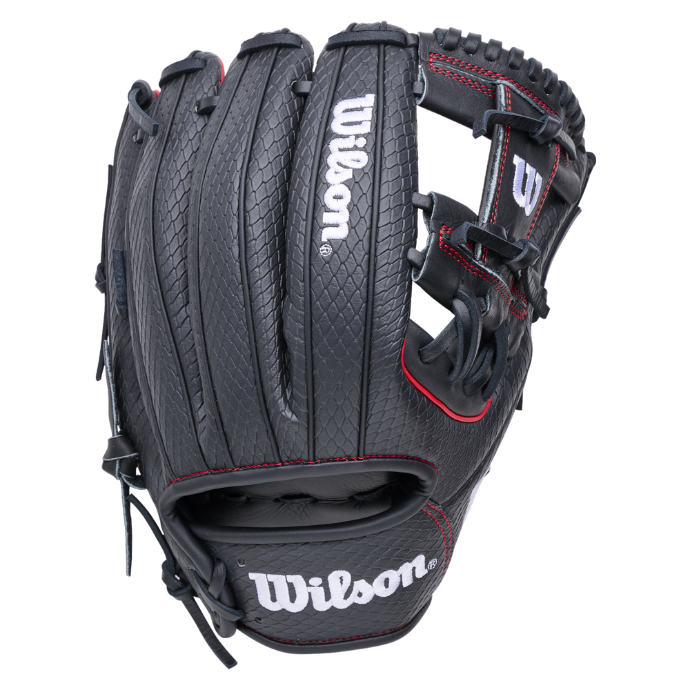Black Wilson A1000 1975SS 11.75″ Baseball Glove with red stitching and white branding.