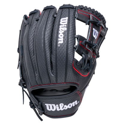 Black Wilson A1000 1975SS 11.75″ Baseball Glove with red stitching and white branding.