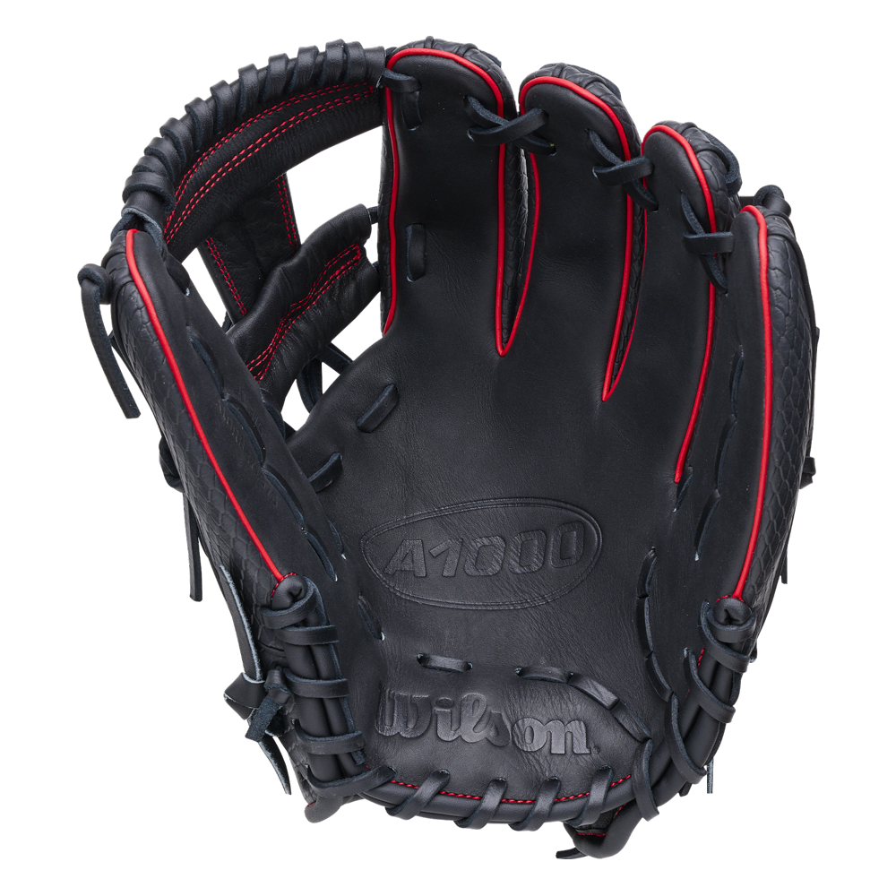 Black Wilson A1000 1975SS 11.75″ Baseball Glove: WBG02601RT1975 infielders glove with red stitching and accents.
