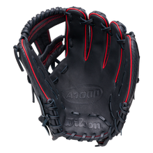 Black Wilson A1000 1975SS 11.75″ Baseball Glove: WBG02601RT1975 infielders glove with red stitching and accents.