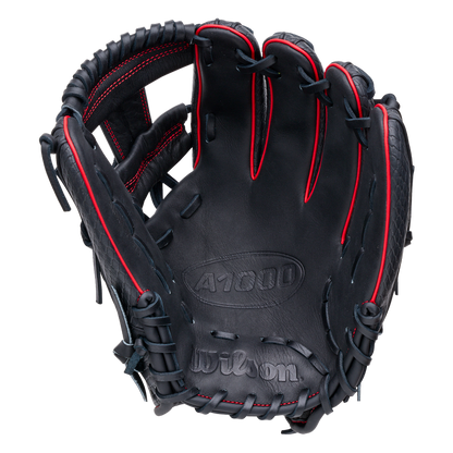 Black Wilson A1000 1975SS 11.75″ Baseball Glove: WBG02601RT1975 infielders glove with red stitching and accents.