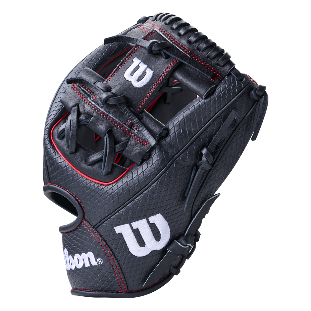 Wilson A1000 1975SS 11.75″ Baseball Glove in black with red stitching and white logos.