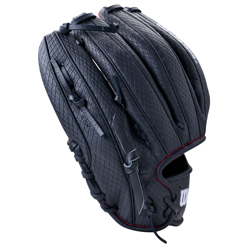 Black Wilson A1000 1975SS 11.75″ Baseball Glove: WBG02601RT1975 featuring a textured pattern and red stitching.