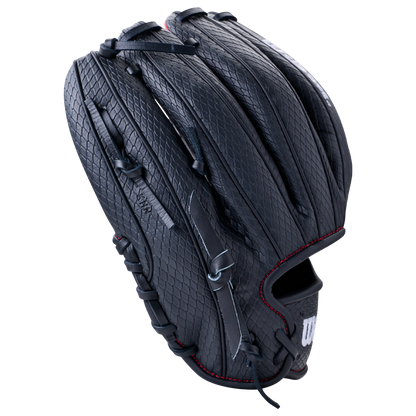 Black Wilson A1000 1975SS 11.75″ Baseball Glove: WBG02601RT1975 featuring a textured pattern and red stitching.